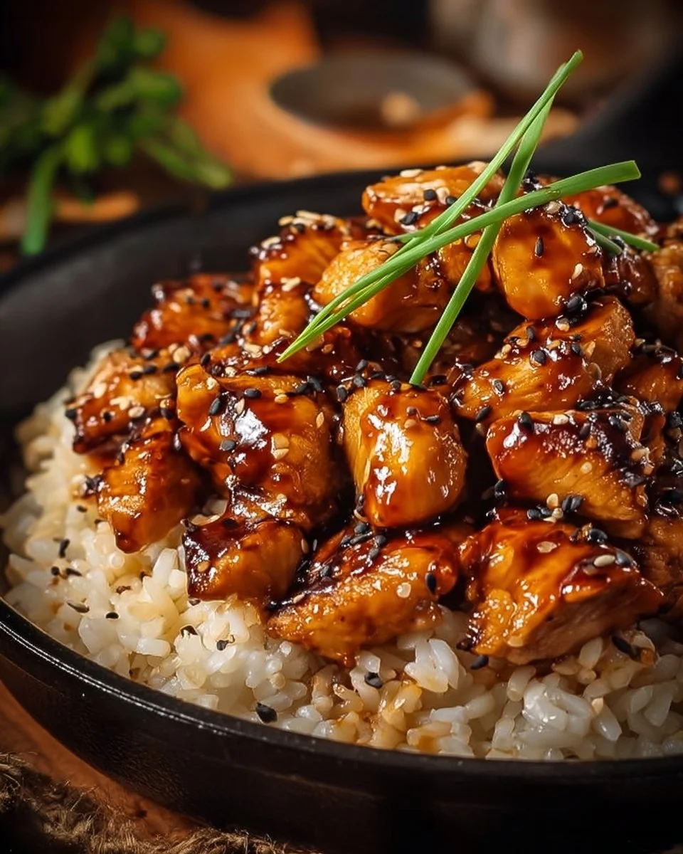 Plate of honey BBQ chicken served with rice and garnished with green onions
