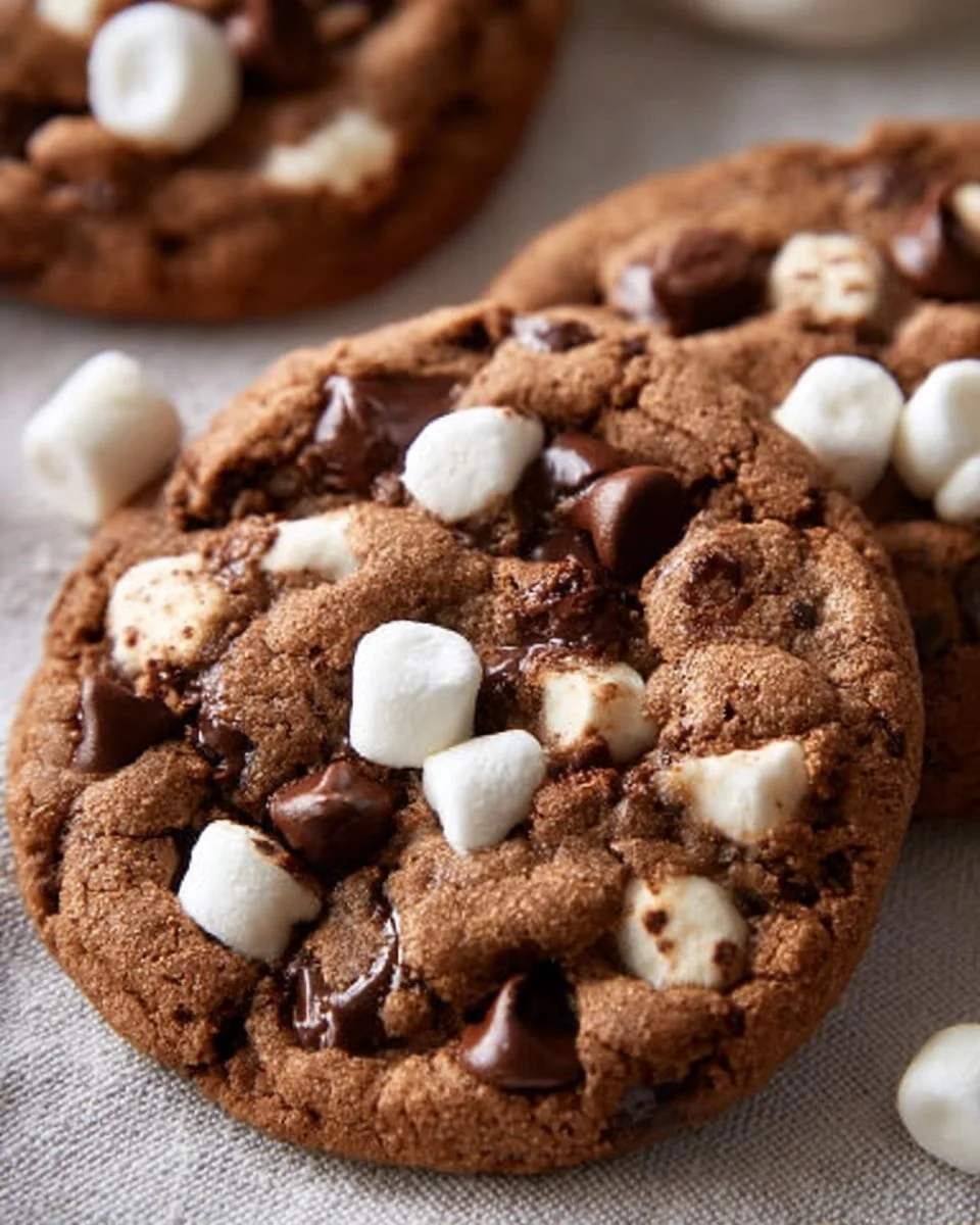 Delicious hot cocoa cookies stacked on a plate, with chocolate drizzle and marshmallows
