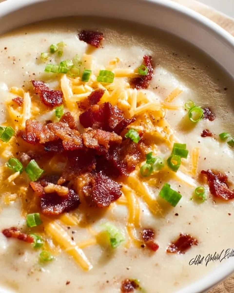 Bowl of creamy Loaded Potato Soup topped with cheese, bacon, and green onions