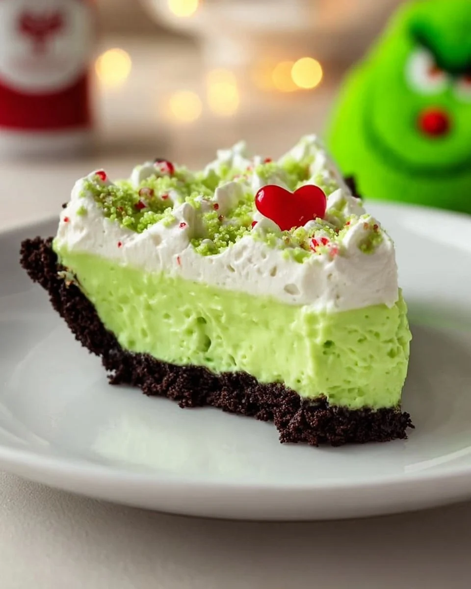 Delicious No Bake Grinch Pie decorated for the holiday season