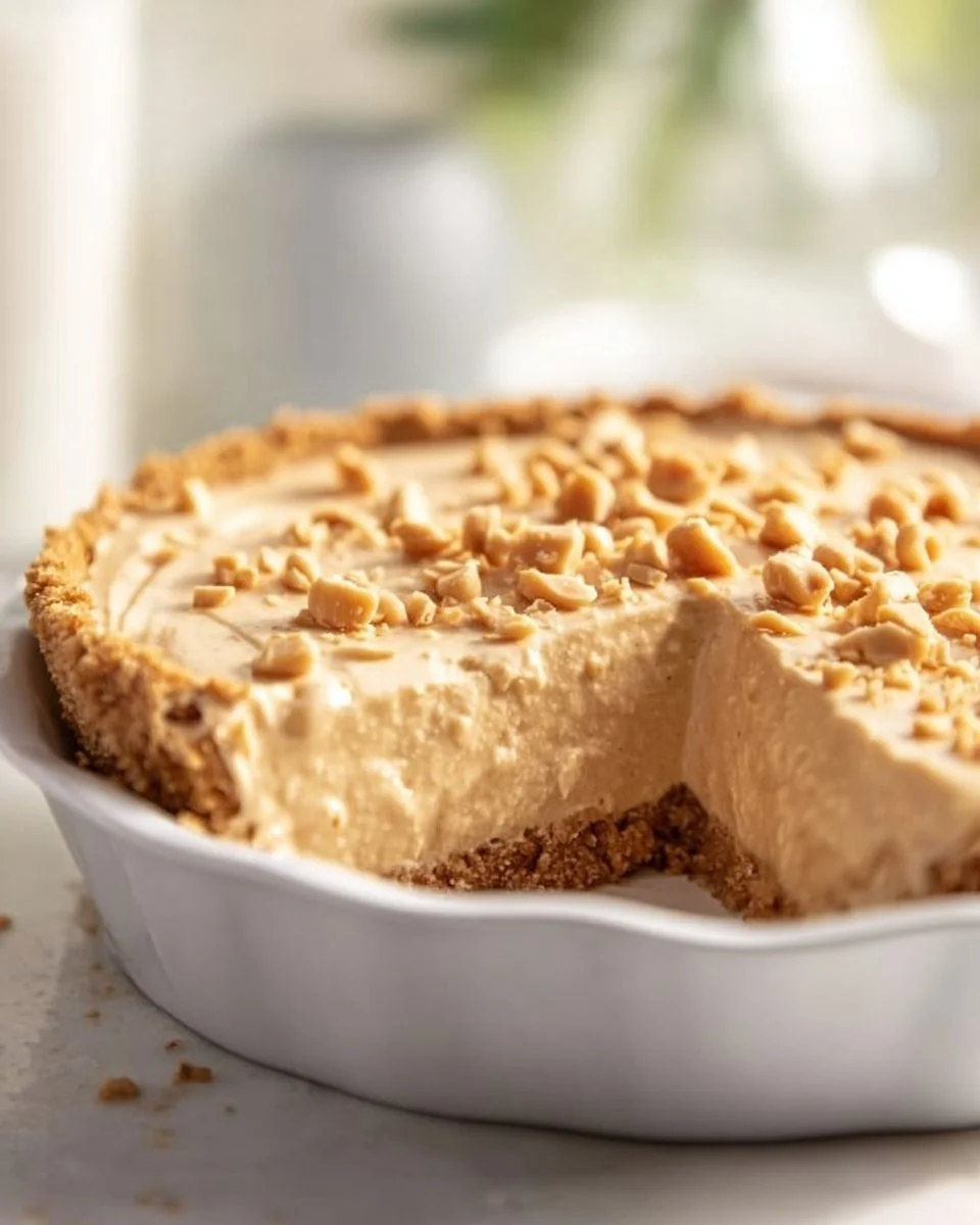 Delicious no-bake peanut butter pie topped with chocolate