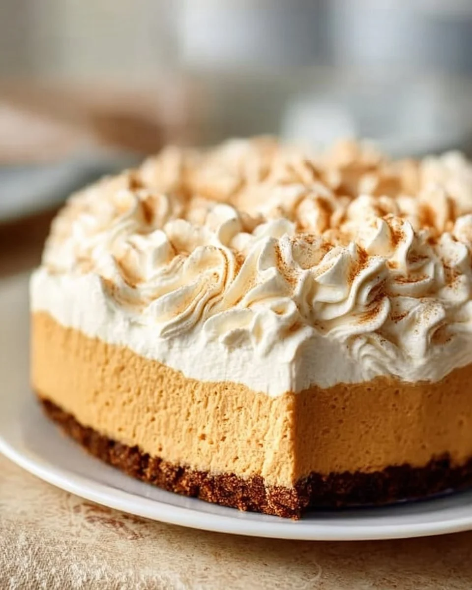 No-Bake Pumpkin Silk Pie topped with whipped cream and spices
