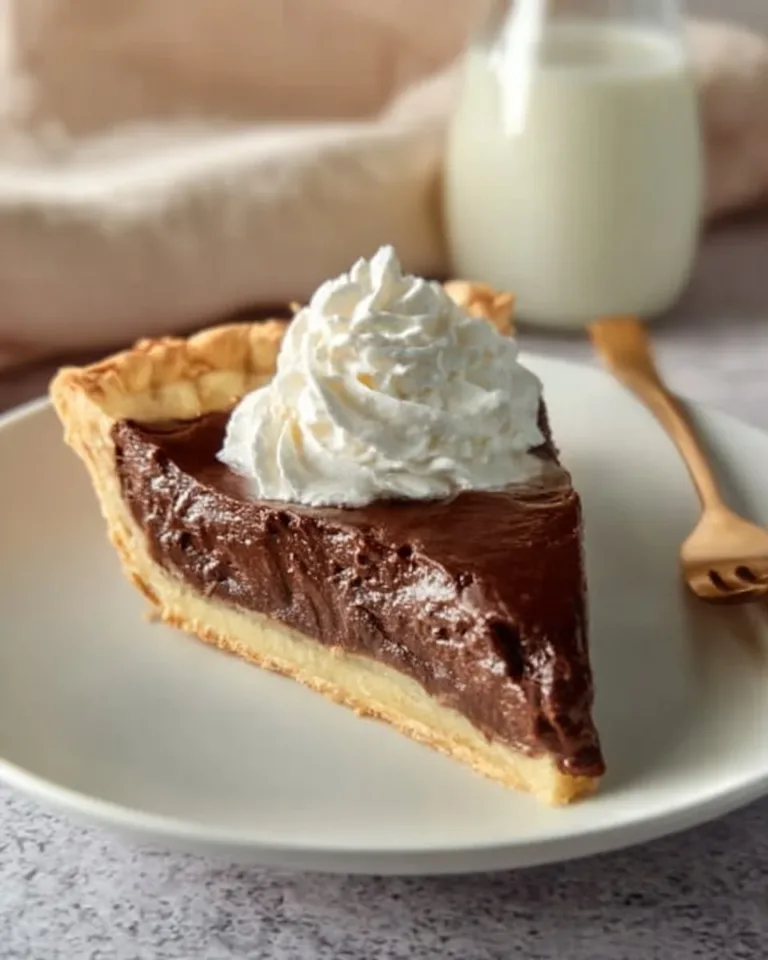 Old fashioned chocolate pie served on a vintage plate with whipped cream
