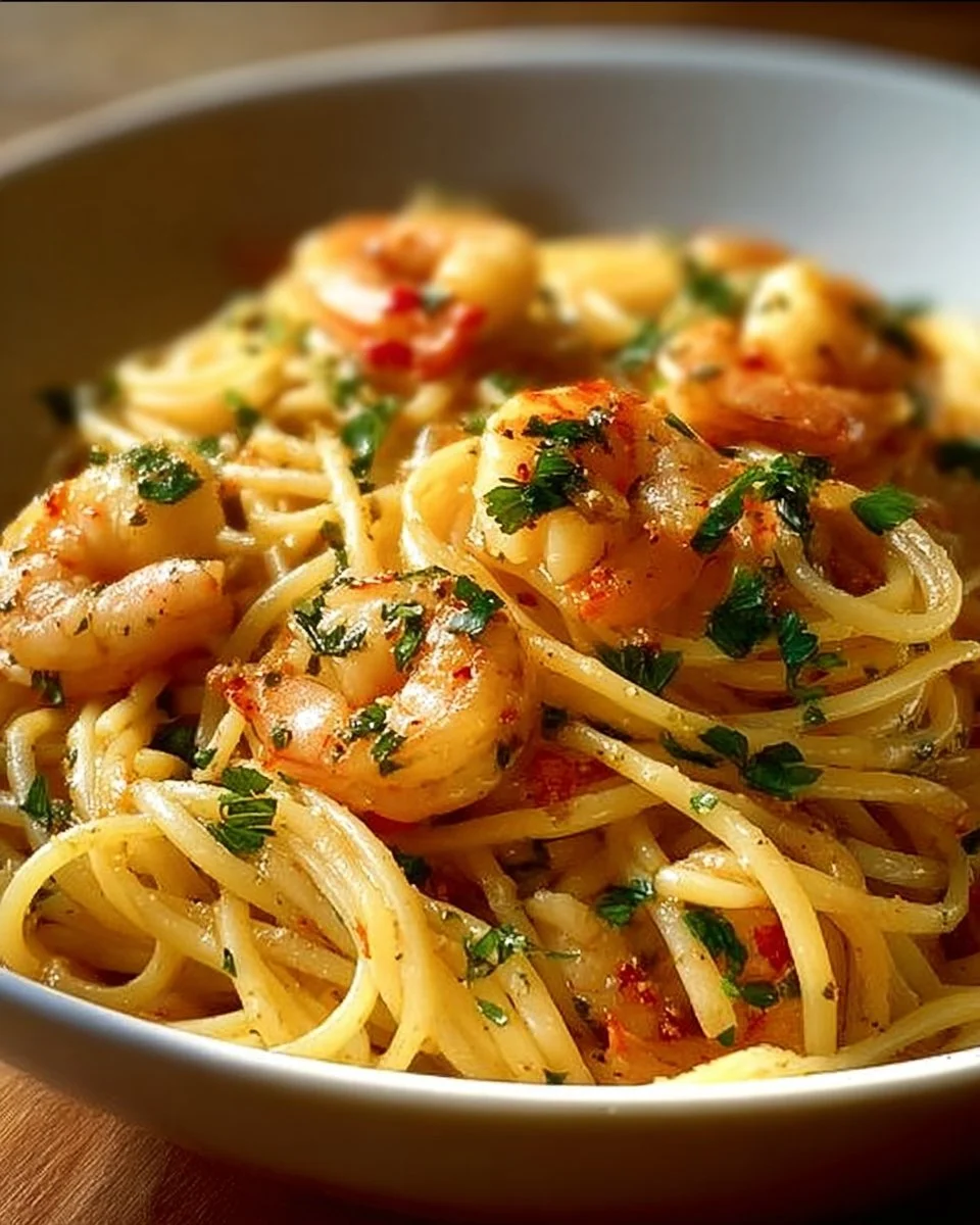 One-Pot Garlic Butter Shrimp Pasta served in a bowl with fresh herbs