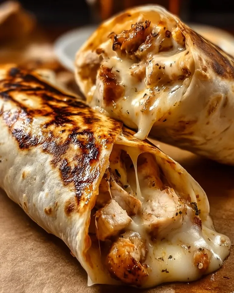 Cheesy garlic chicken wraps filled with chicken, cheese, and garlic in a tortilla