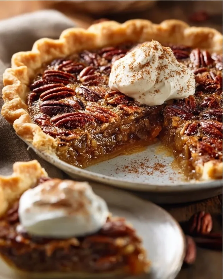 Slice of perfect Southern pecan pie with a crunchy crust and nutty filling.