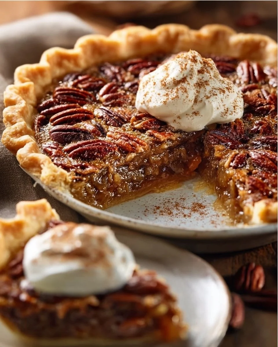 Slice of perfect Southern pecan pie with a crunchy crust and nutty filling.