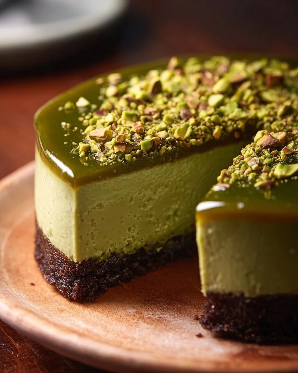 Pistachio Cheesecake topped with crushed pistachios on a white plate