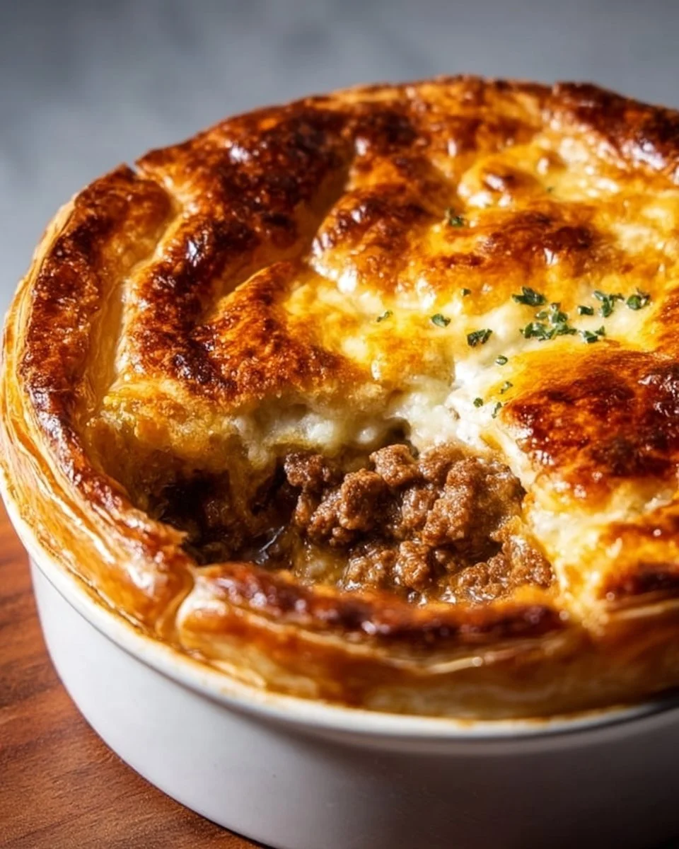 Delicious Pizza Pot Pie showcasing a flavorful filling inside a golden crust.