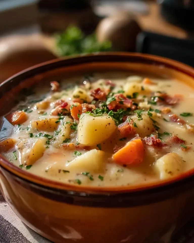 Bowl of delicious homemade potato soup with fresh herbs