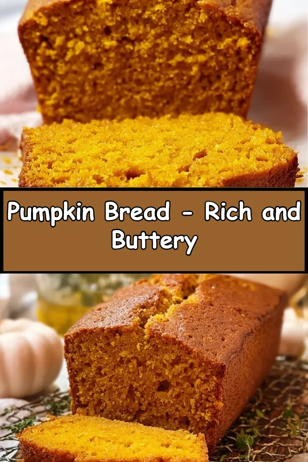 Freshly baked rich and buttery pumpkin bread loaf on a wooden table