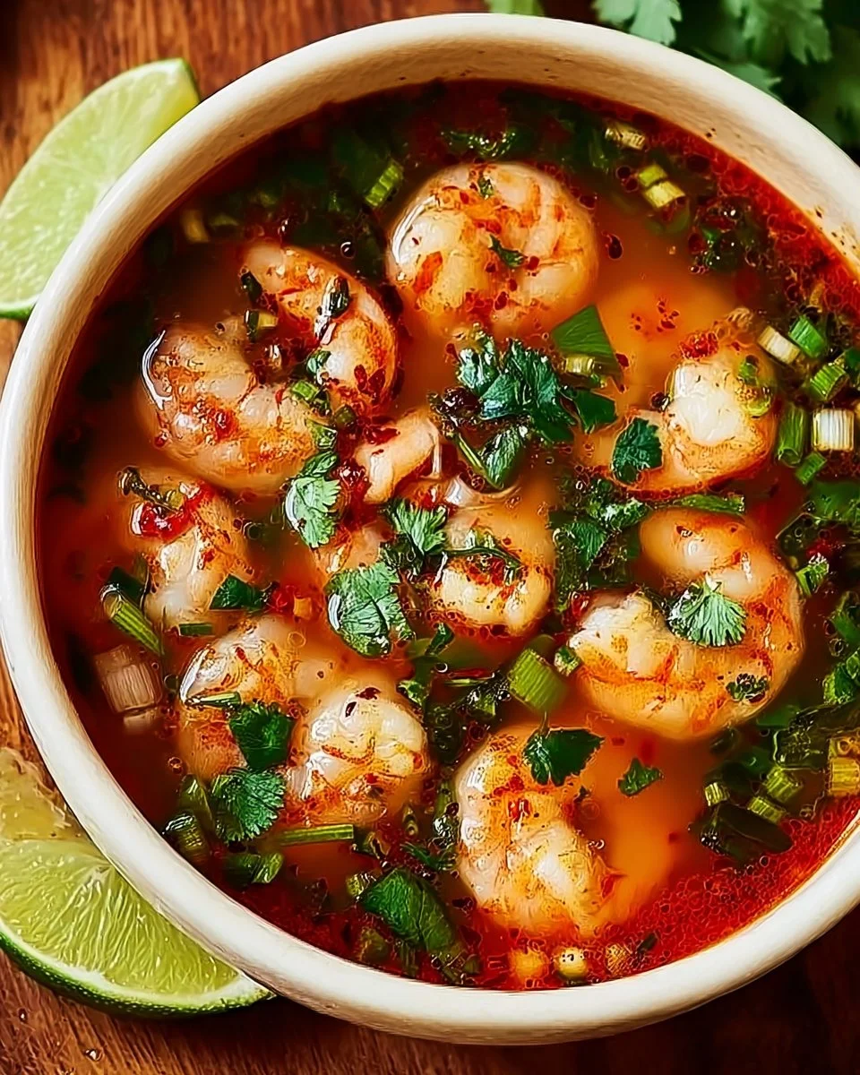 Bowl of quick and spicy shrimp soup garnished with herbs