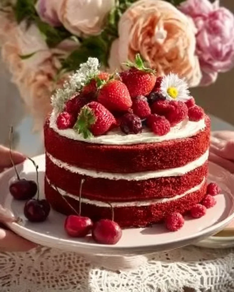 Delicious homemade red velvet cake with creamy frosting, perfect for celebrations.