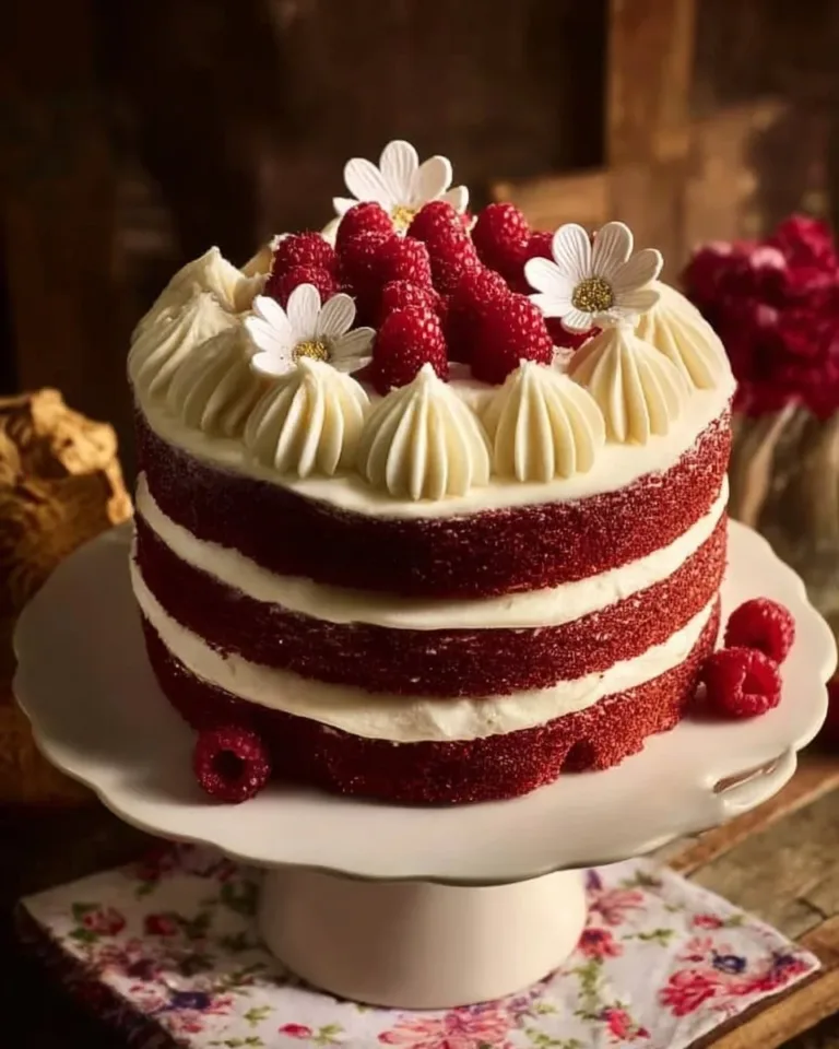 Delicious slice of red velvet cake with cream cheese frosting on a white plate.
