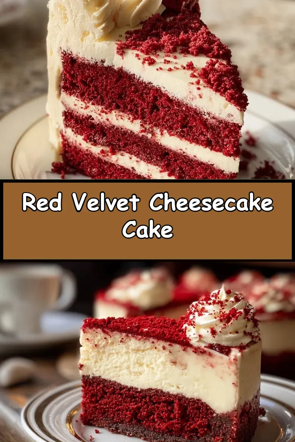 Delicious slice of red velvet cheesecake cake with cream cheese frosting