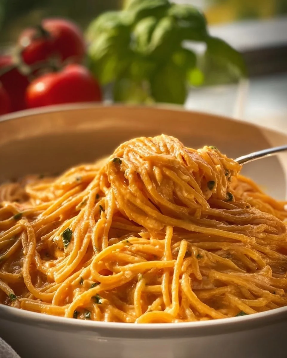 Creamy roasted tomato and garlic ricotta pasta garnished with fresh basil.