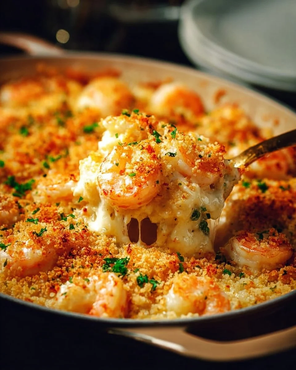 Delicious shrimp casserole baked with cheese and vegetables in a golden crust.