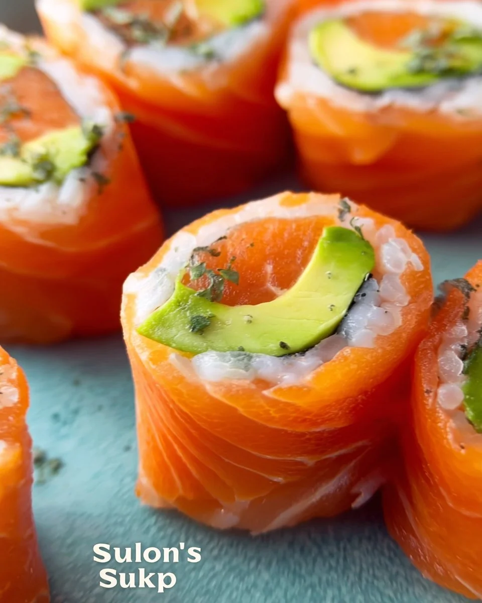 Smoked salmon roll ups served on a platter with fresh ingredients.