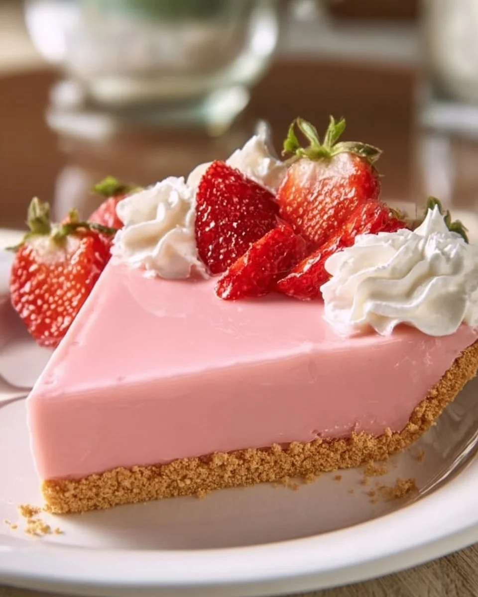 Slice of Strawberry Cream Cheese Jello Pie with fresh berries on top