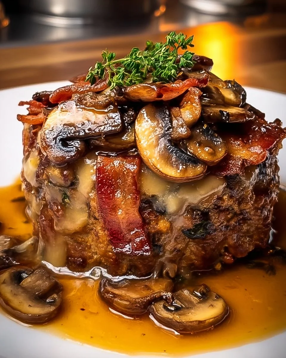 Swiss Bacon Mushroom Meatloaf topped with cheese and mushrooms