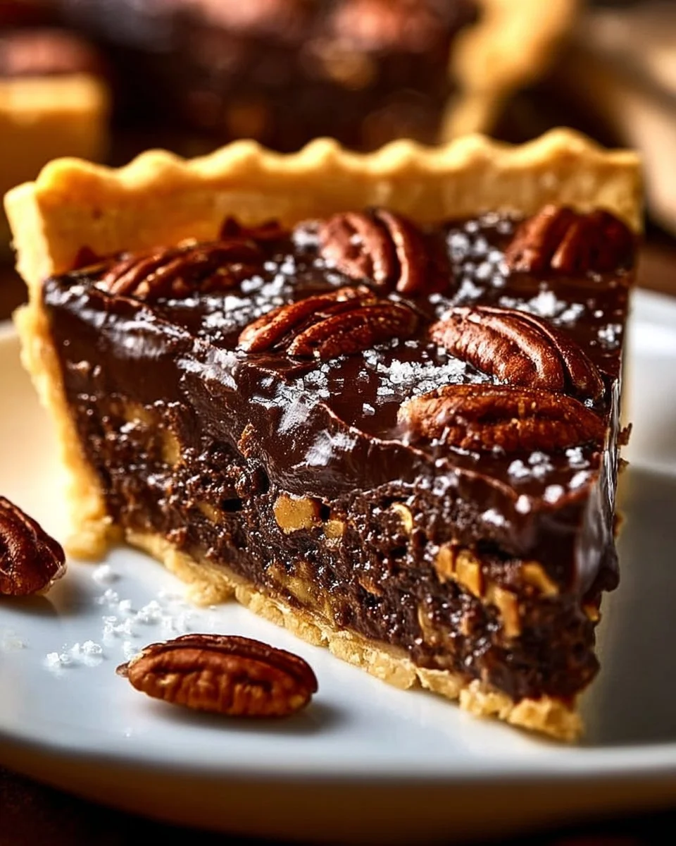 Slice of Texas chocolate pecan pie with chocolate drizzle and pecan topping