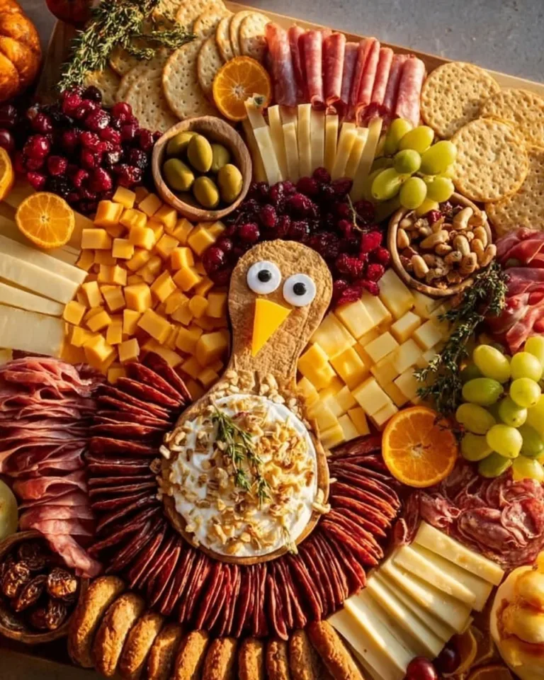 Thanksgiving turkey charcuterie board featuring turkey, cheese, and festive decor.