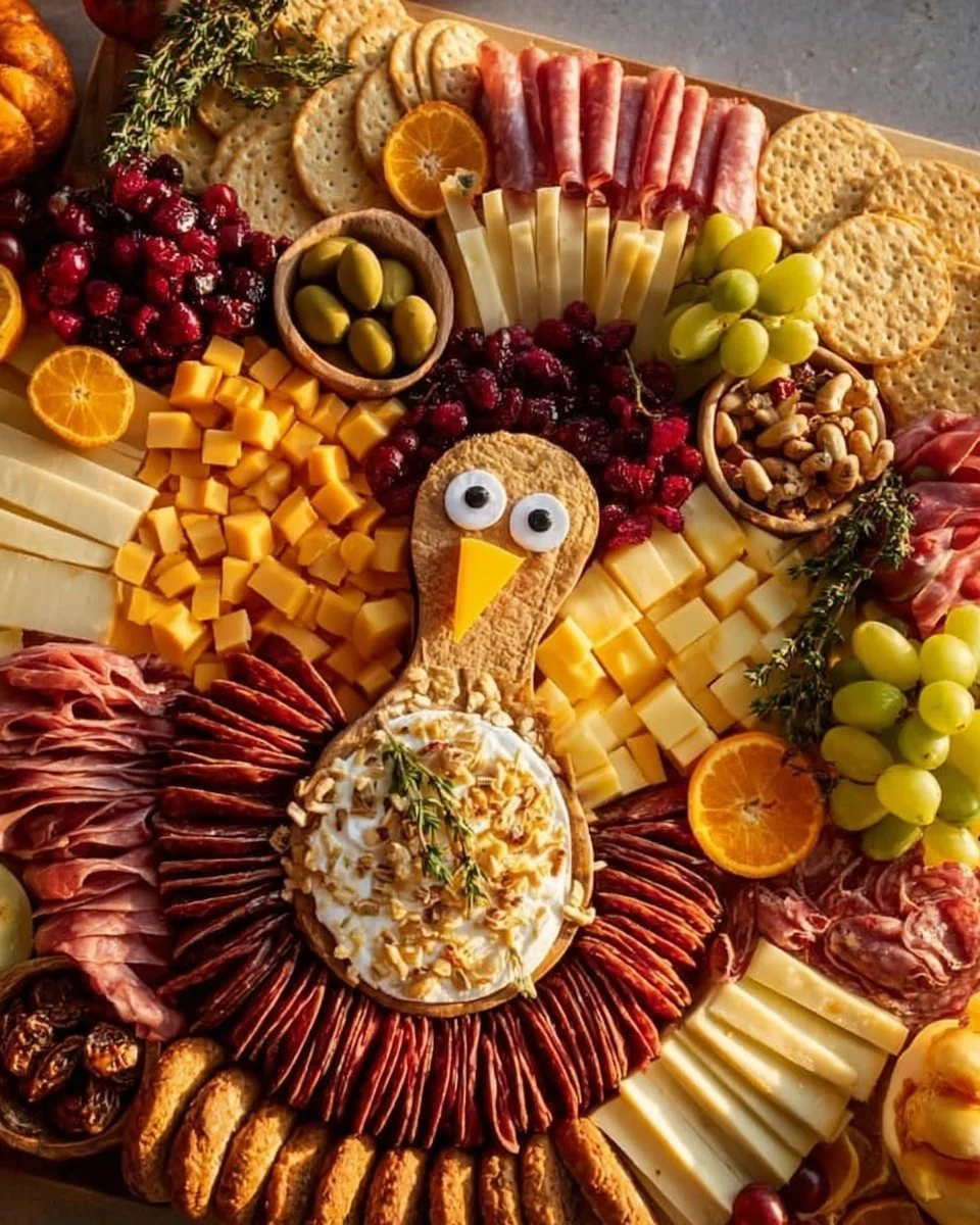 Thanksgiving turkey charcuterie board featuring turkey, cheese, and festive decor.