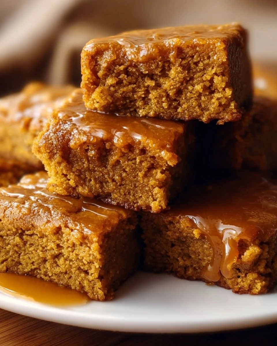 Vegan gluten-free pumpkin maple blondies topped with maple syrup drizzle