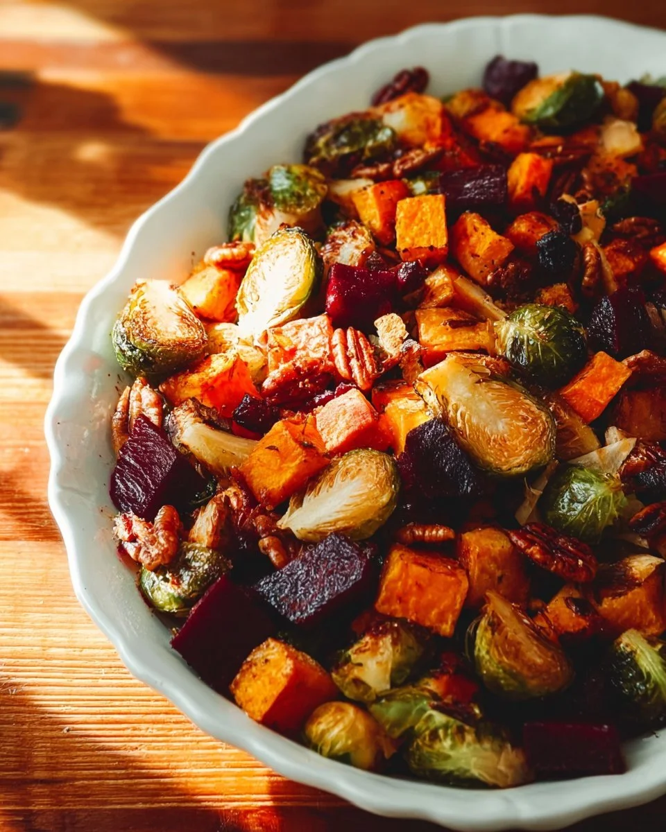Colorful Winter Vegetable Salad with Roasted Butternut Squash, Brussels Sprouts, and Beets