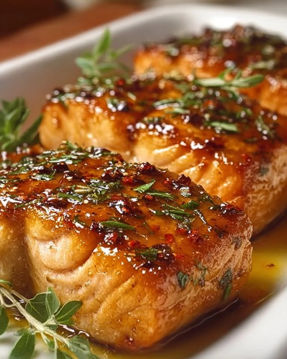 Delicious baked salmon fillet garnished with herbs and lemon slices