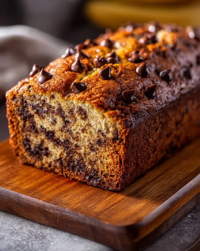 Delicious banana bread with chocolate chips, freshly baked and ready to enjoy.