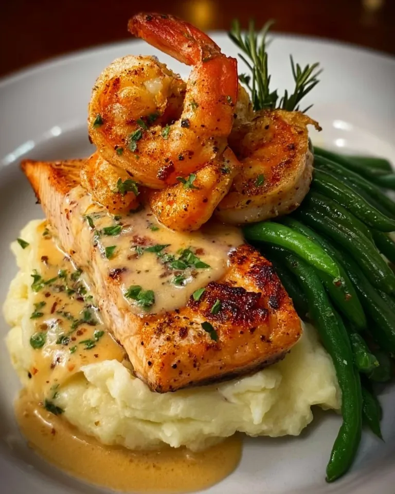 Delicious Cajun shrimp and salmon dish garnished with herbs and spices