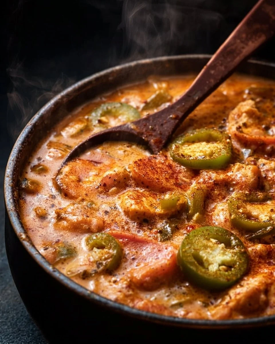 Bowl of Cajun white chicken chili garnished with cilantro and jalapeños.