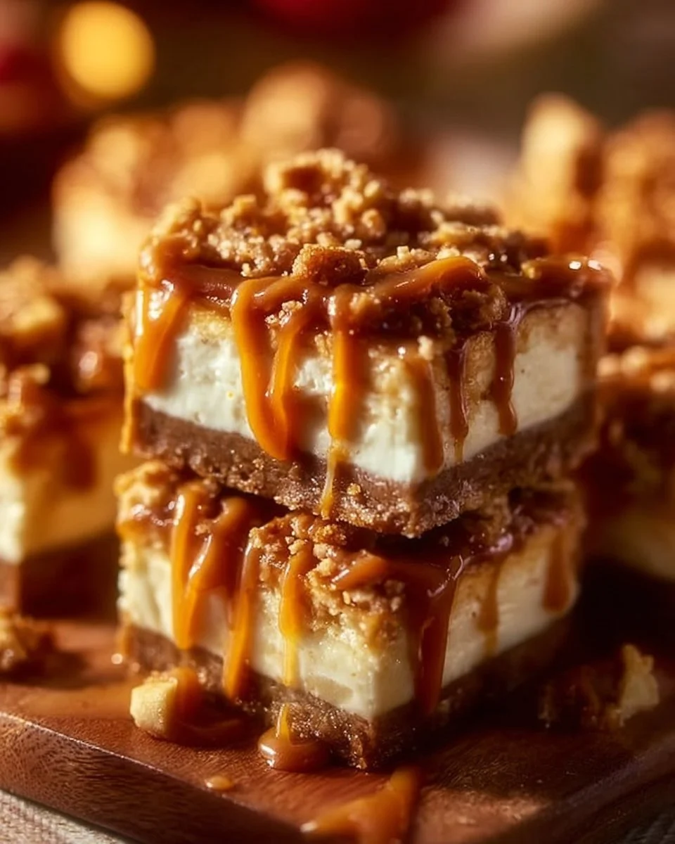 Delicious caramel apple cheesecake bars topped with caramel drizzle and apple slices