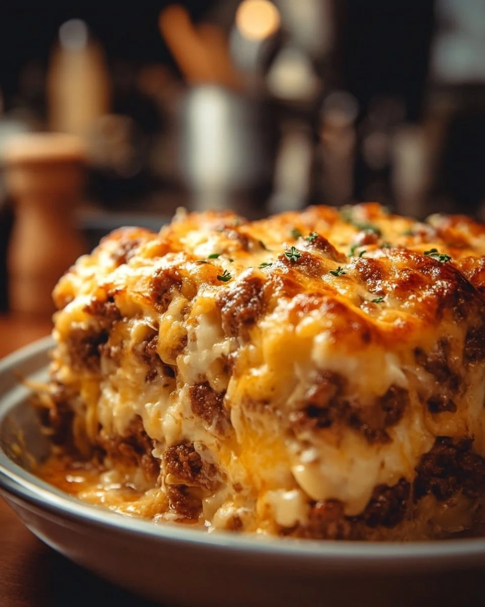 Hearty Cattle Drive Casserole served in a rustic dish
