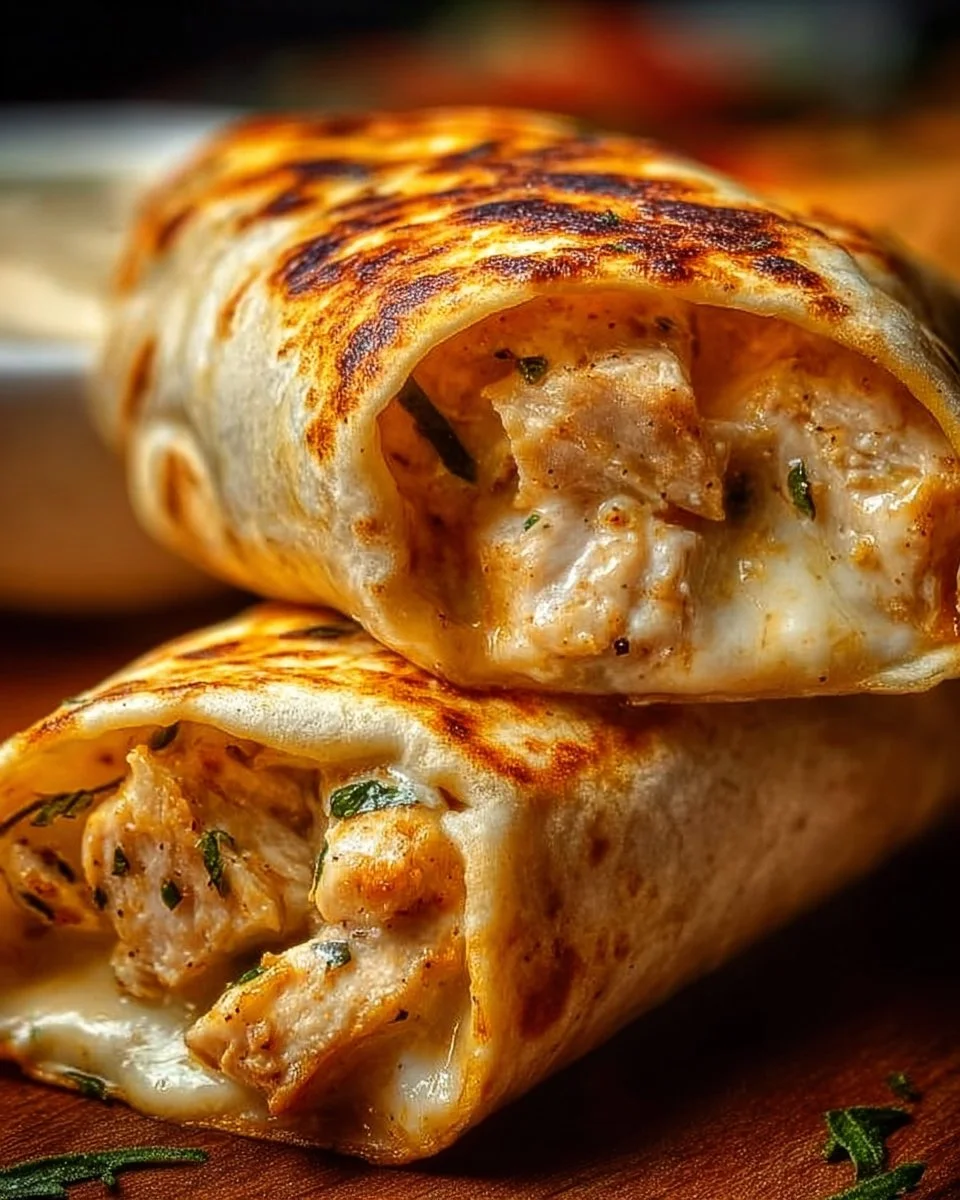 Delicious cheesy chicken garlic wraps ready to be served.