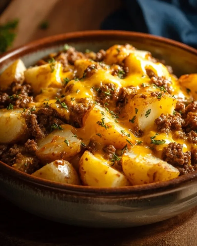 Cheesy ground beef and potato casserole in a baking dish