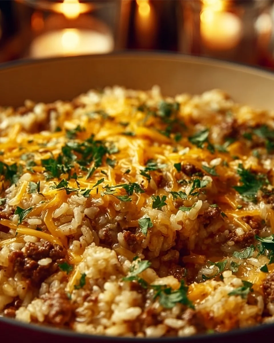 Delicious cheesy hamburger rice casserole served in a baking dish