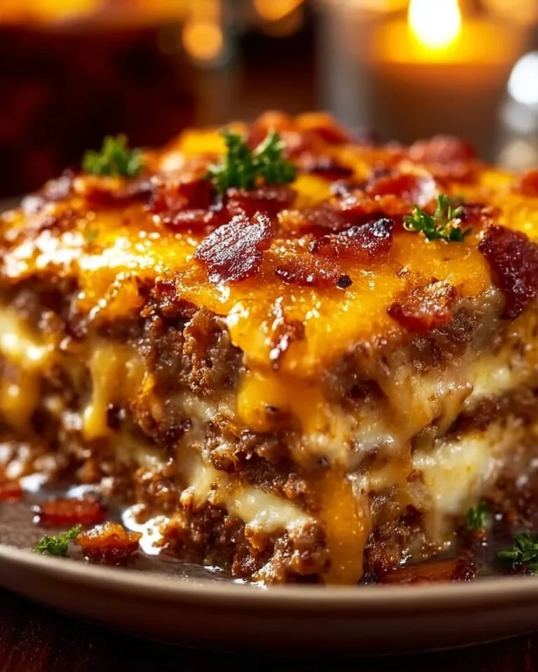 Cheesy meatloaf casserole topped with melted cheese and served in a baking dish.