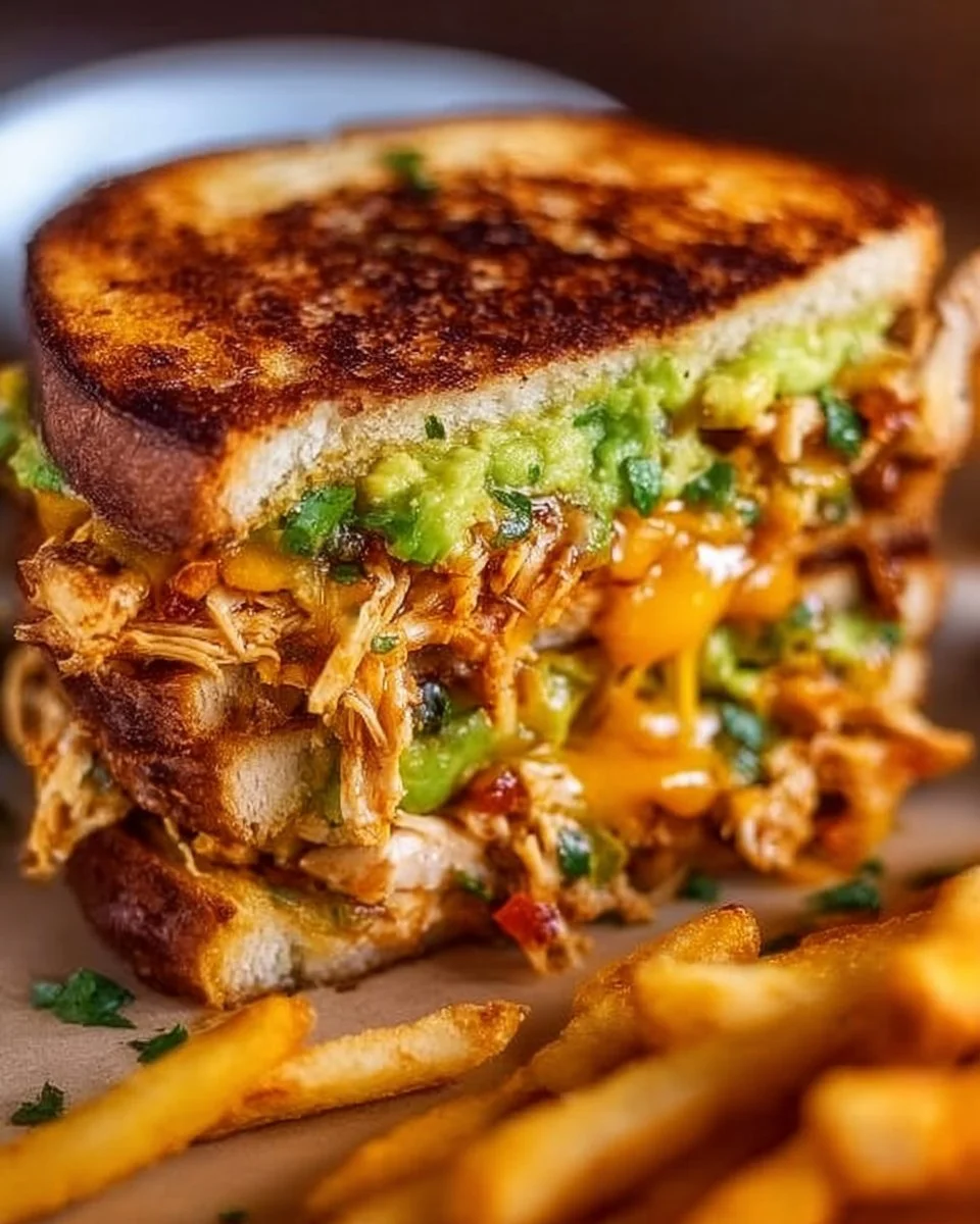Delicious Chicken Avocado Melt Sandwich with chicken, avocado, and cheese