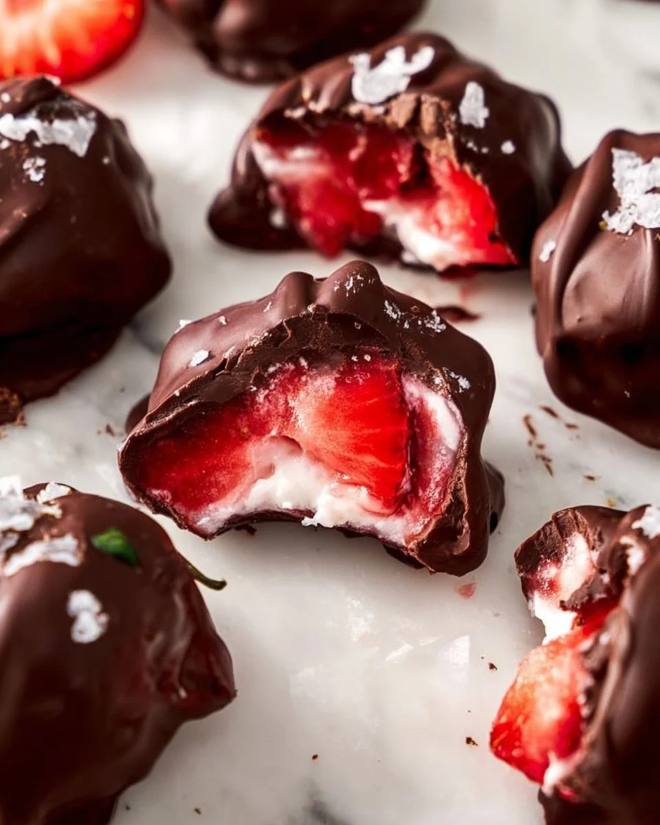 Delicious chocolate covered strawberry yogurt bites ready to enjoy