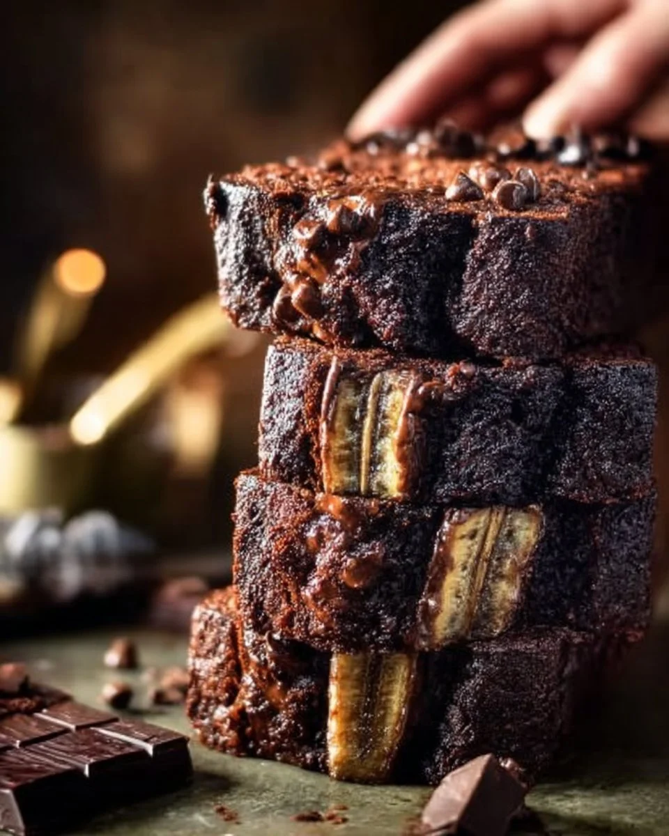 Sliced Chocolate Espresso Banana Bread with chocolate chips on a wooden cutting board