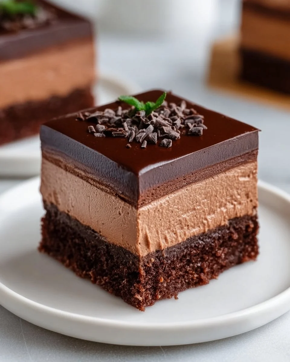 Delicious chocolate mousse brownies with a rich chocolate topping and mousse layer.