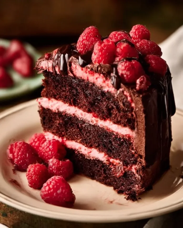 Delicious Chocolate Raspberry Cake topped with fresh raspberries and chocolate ganache