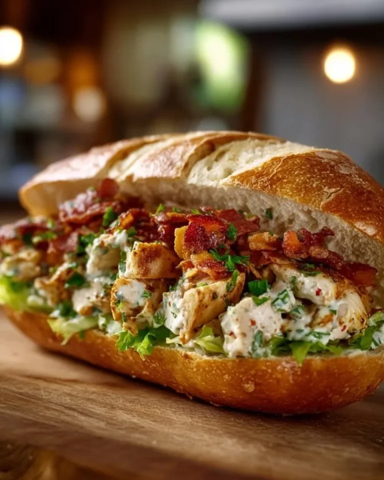 Delicious chopped chicken bacon ranch sandwich with crispy bacon and ranch dressing