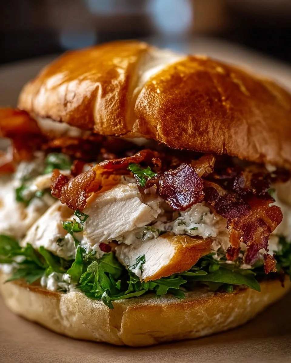 Chopped chicken bacon ranch sandwich on a plate garnished with fresh herbs