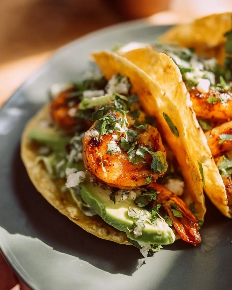 Cilantro lime shrimp tacos with creamy slaw and fresh ingredients