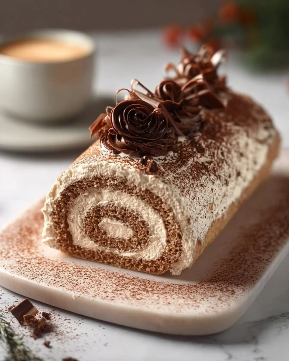 Classic Tiramisu Yule Log Cake with coffee and chocolate layers decorated for the holidays.