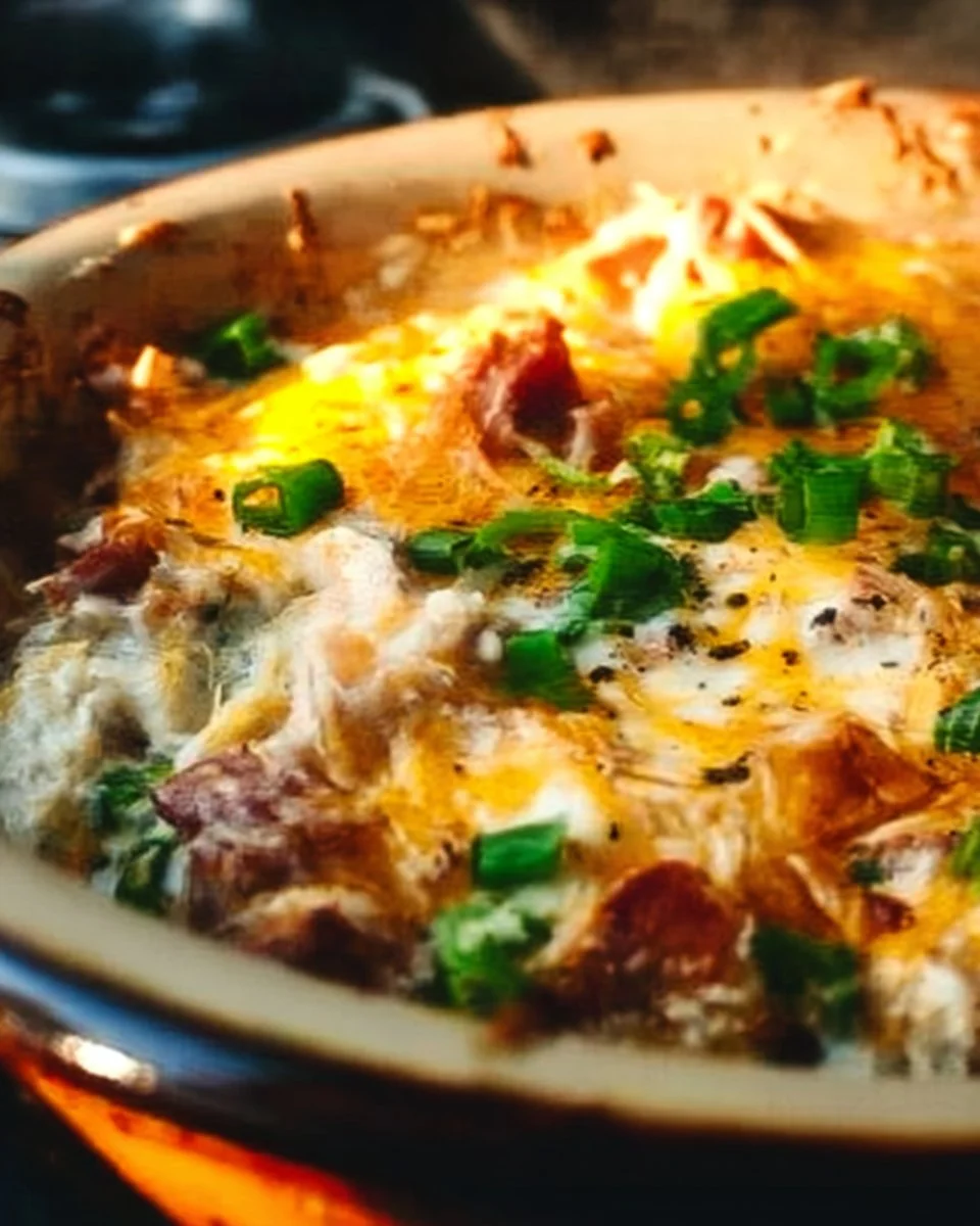 Creamy chicken and veggie stew in a bowl, garnished with herbs.