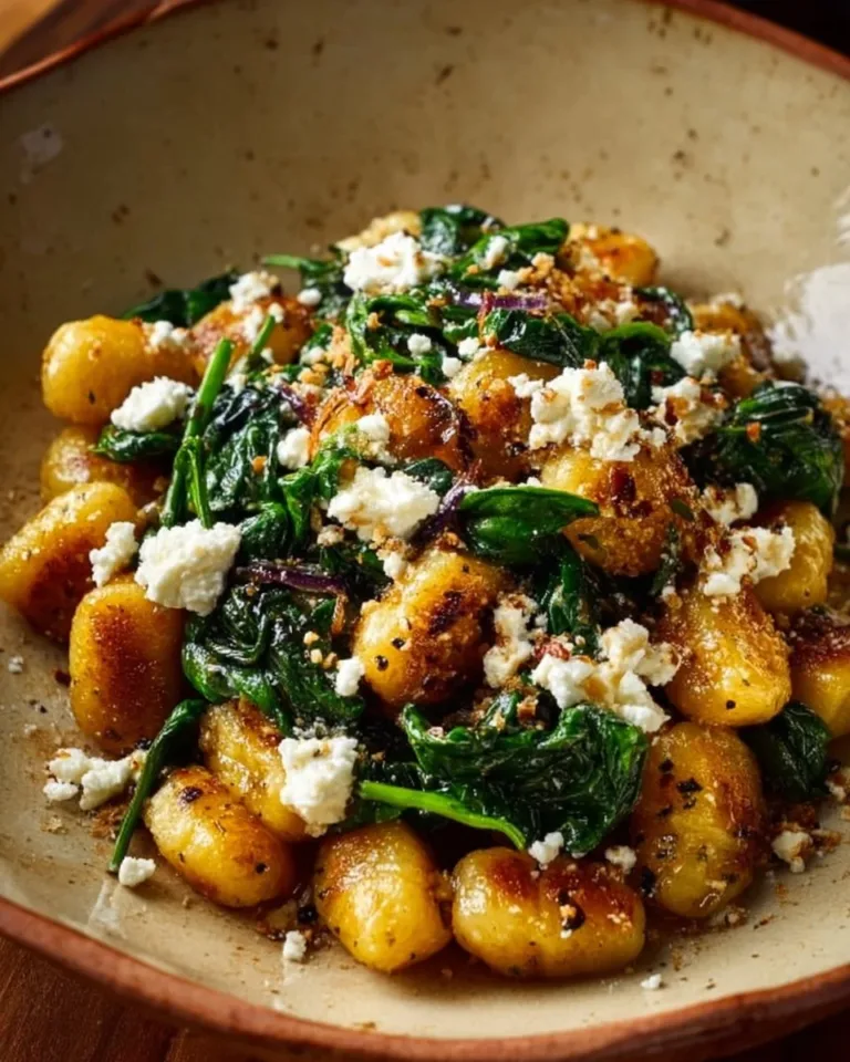 Creamy gnocchi with spinach and feta served in a bowl.